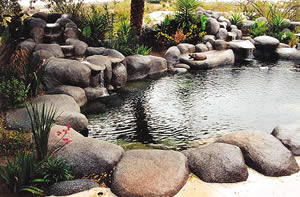 <concrete rock and water features>