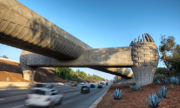 Decorative concrete Gold Line Light-Rail Bridge, Arcadia, California - Also generating buzz at the project discussion sessions was the challenge of casting the parts that serve as the reeds extending from the tops of the two basket elements.