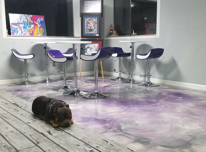 Pup lying on the floor next to a metallic epoxy