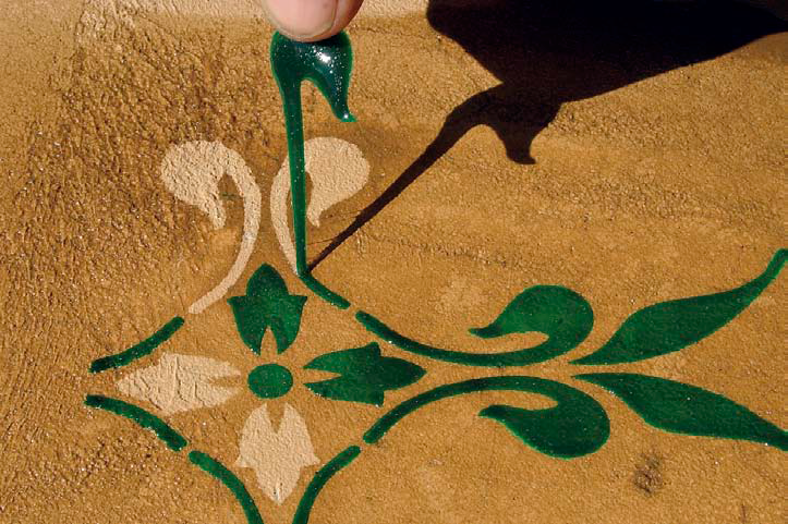 Since 2002, contractors and homeowners have been sponging LesCoat on over stencils or drawing it straight onto the concrete with various techniques, such as using a squeeze bottle, to create decorative effects.