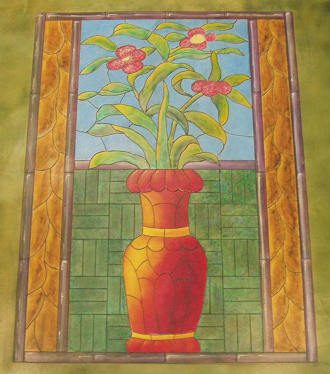 Engraved concrete floor of a red flower pot with three flowers and green leaves