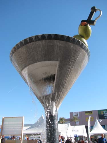 The large concrete martini glass acts as a fountain.
