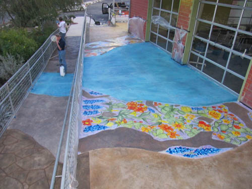 A river was stained on this concrete patio at the entrance of the facility.