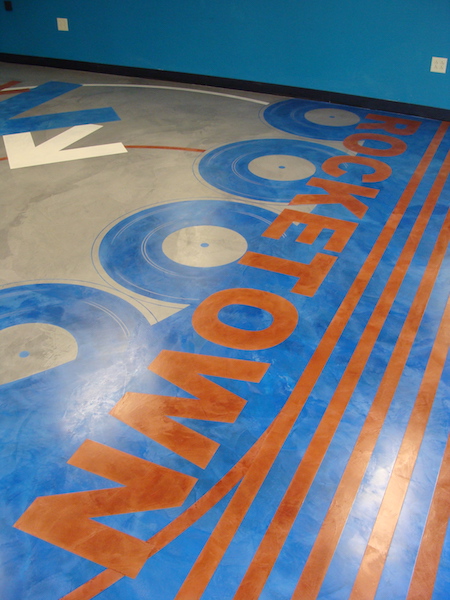 Music room in Rocketown in Nashville was transformed with a custom stencil and colored with the corporate colors.