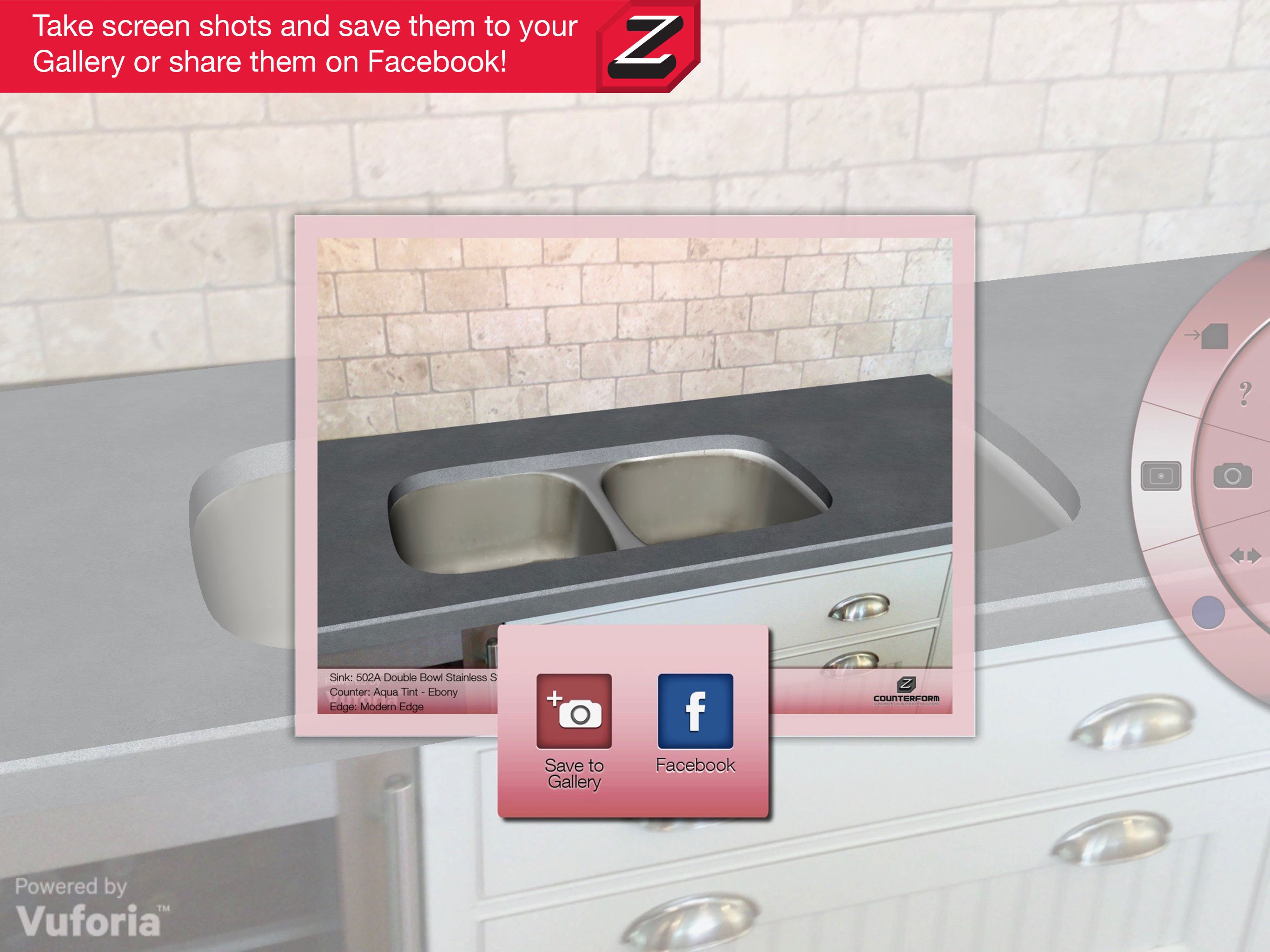 Once the Z Counterform Visualizer App is downloaded to your iPad or Tablet from the App store or Google Play Store, you simply print out the app target, align the target on the front edge of your existing countertop, point camera at target, and watch your countertops come to life.