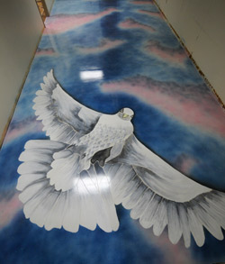 A large dove was stained onto the concrete floor to inspire hope.