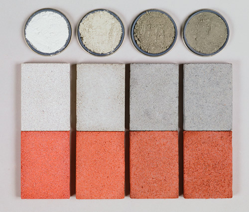 These samples show how cement color can affect concretes appearance. Cement samples at the top range from white to dark gray. The cements were used to make the uncolored and colored concrete samples below them. Photo courtesy of Davis Colors