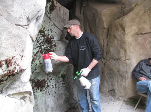 Spraying color with two sprayers onto concrete to get a realistic rock look.