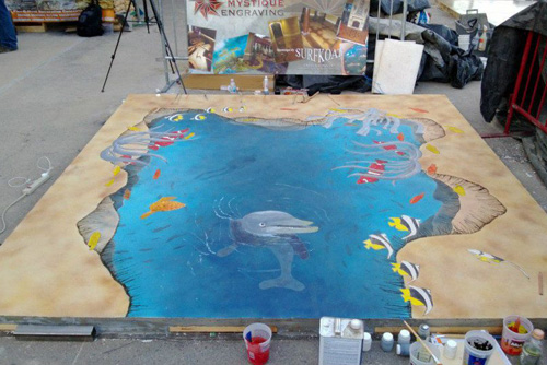 Stained concrete of an aquatic scene.