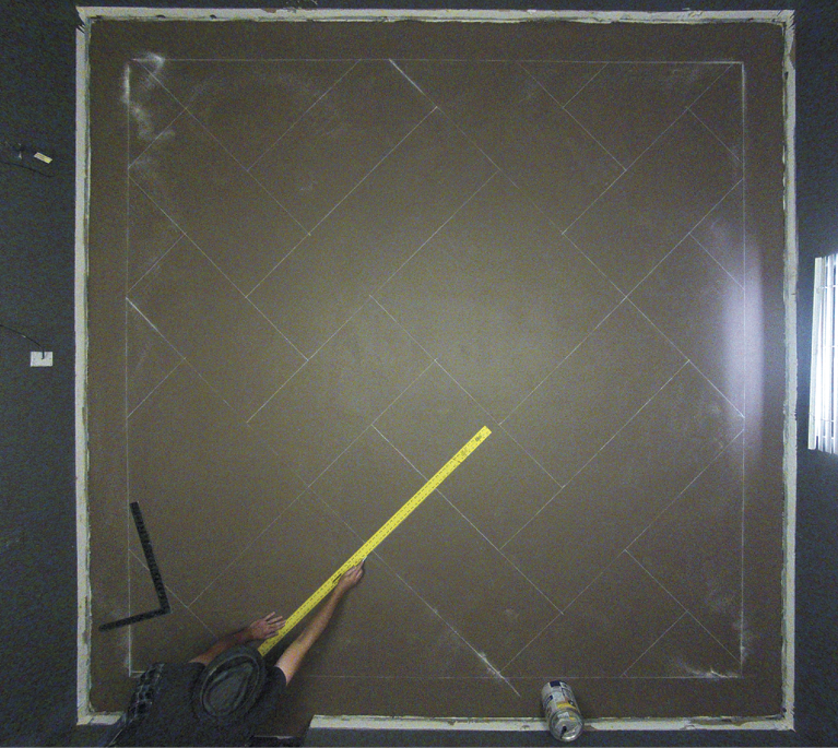 Draw a perpendicular line on the right 18- inch dashes, another 54 inches long. Finally, draw one through the center skipping one section in the middle.