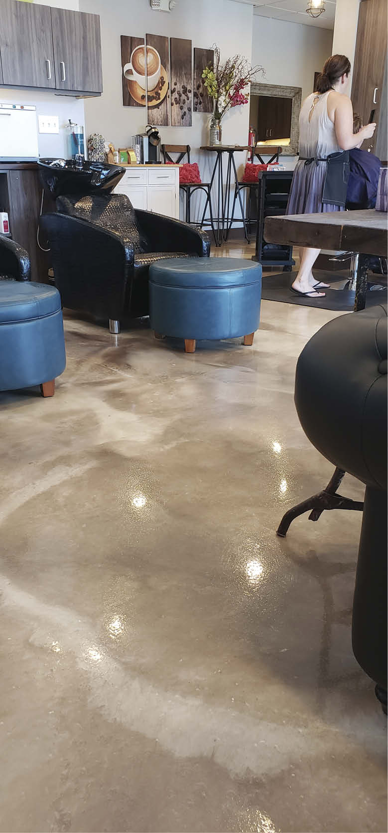 Fast-setting polyaspartic are gaining favor because the systems work remarkably like other concrete products — only faster. Color flakes and quartz are popular, and some installers find metallics, like Aurora Epoxy Dust from McKinnon Materials, end up looking like acid stains.