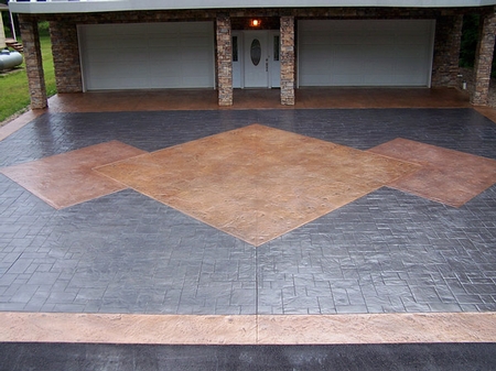 Stained concrete patio with geometric patterns.