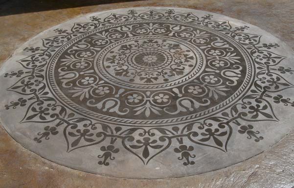 Beautiful stenciled concrete work done on a concrete floor.