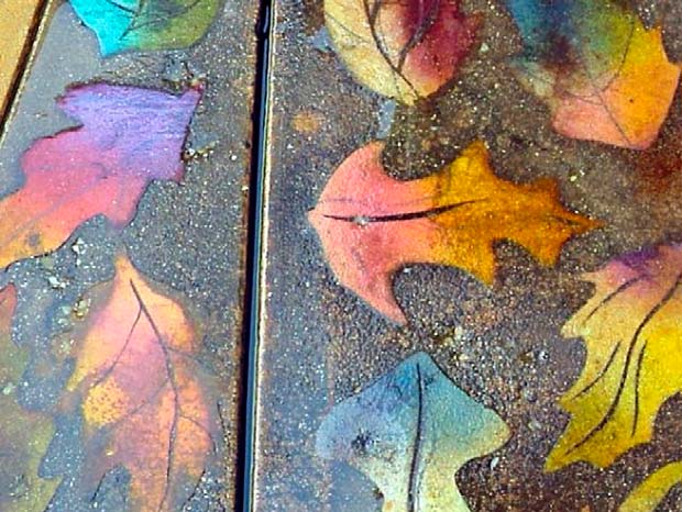 Dyes supplied the crucial element of color in these art deco autumn leaves. Photo courtesy of Mike Miller, The Concretist 