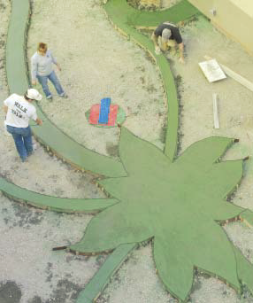 An aerial view of the concrete forms that create the aloe vera plant shape in this courtyard.