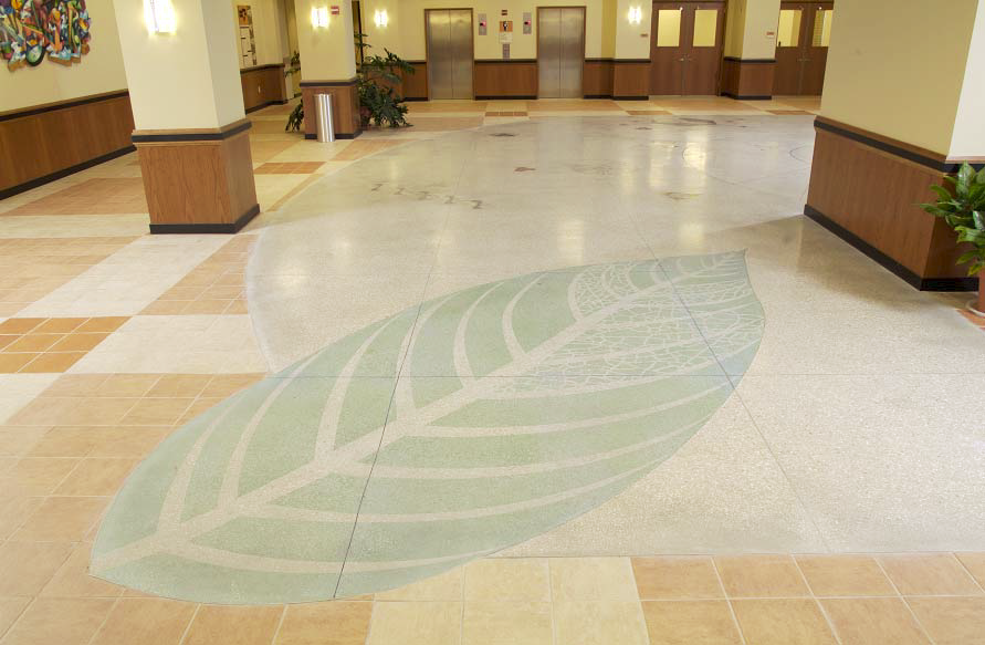 Among the polishable overlayments on the market today are several featuring cement-based systems, such as the Mosaic topping manufactured by LifeTime Floors. The topping is designed to be applied wet on wet between 1/2 inch and 5/8 inch thick on freshly poured concrete slabs. After it's cured, it should be ground down and taken up to a full polish. Seen here is a Mosaic floor at the University of Texas, San Antonio.