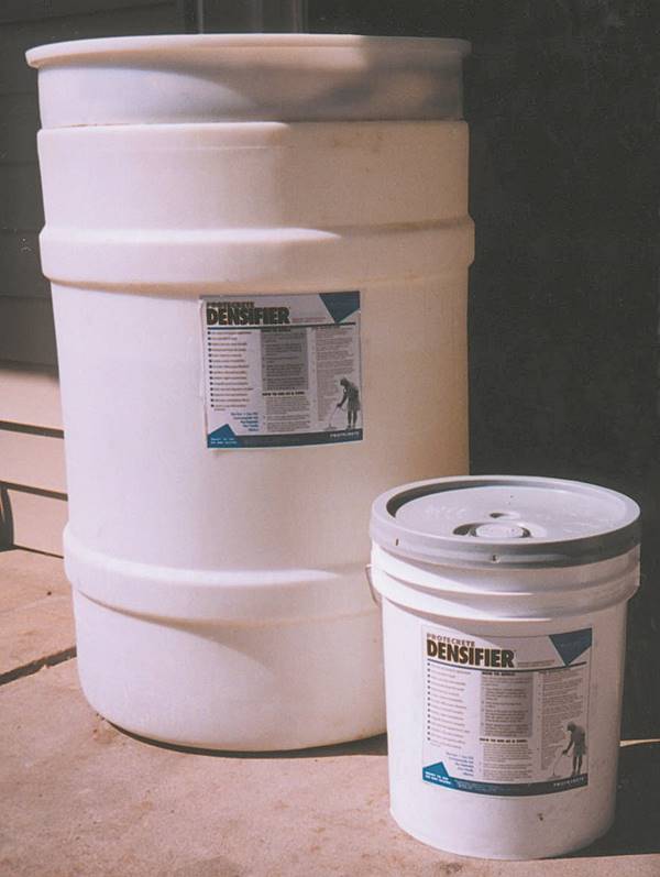 Two sizes of densifier buckets, a 55 gallon drum or 5 gallon pail. Using densifiers to stop concrete moisture problems is key to the integrity of your concrete.