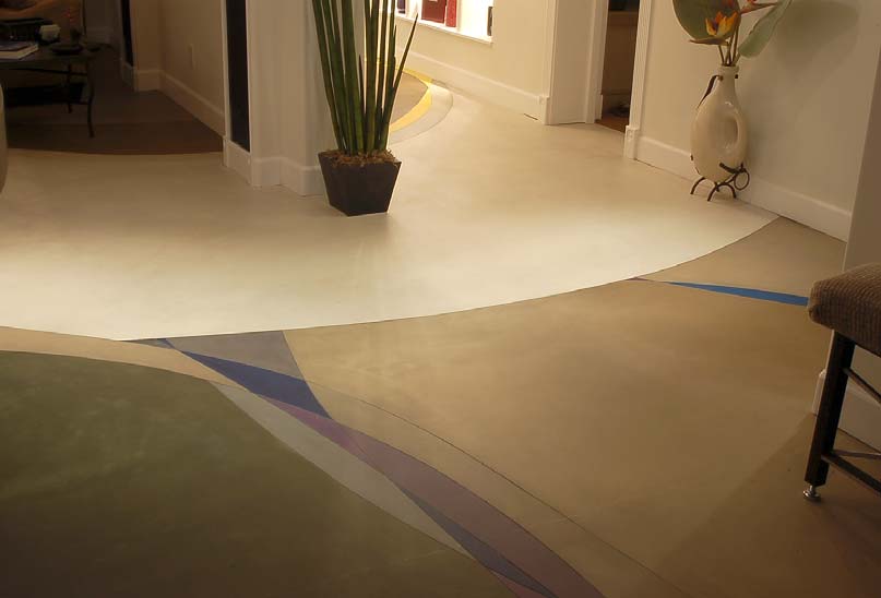 Concrete overlay in a living room multiple colors and soft lines