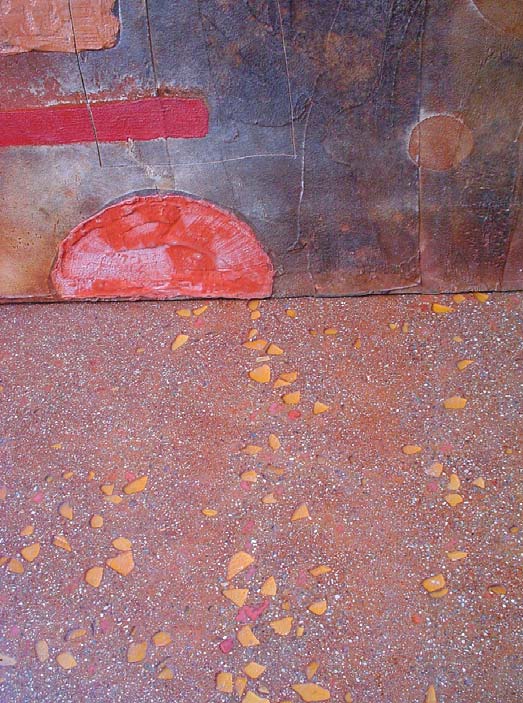 For my floor, I patina-stained over integrally colored gray concrete, which was ground after seeding with crushed brick and tumbled glass.