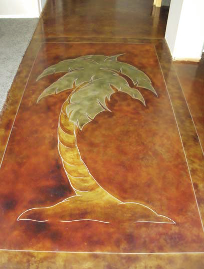 Palm tree stained onto this concrete floor with a lighter border.