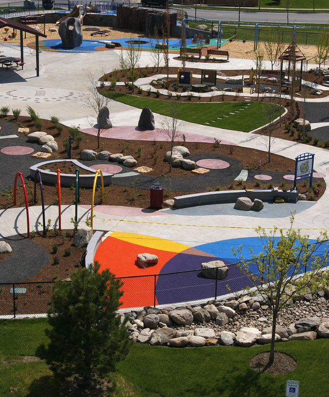 From the human sundial to the giant trout in the splash pad, from the whimsical wavy walk to the radius wall emblazoned with a salmons life story, the playground was conceived by Design Concepts, Lafayette, Colo., and realized in concrete set by Creative Surface Inspirations (CSI) LLC, of Spokane Valley Photos courtesy of Creative Surface Inspirations LLC