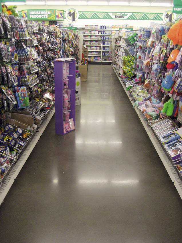 An aisle at the Dollar Store in charcoal gray.