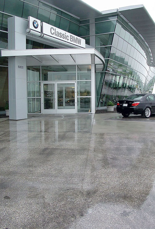 BMW dealership with polished concrete outdoor showroom. Lonestar began as a company that served the residential market. At one point we were doing stained concrete in about 500 homes a year, and that was the catalyst that helped us grow, Walker says. As our staff and level of expertise grew, we started getting bigger jobs in the commercial market, and in the past couple of years we have become commercially driven.