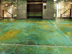 Blue and yellow acid stains were used to create a map like floor.