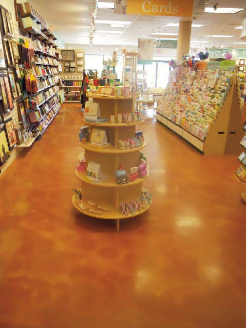Retail bookstore with an acid stained concrete floor.