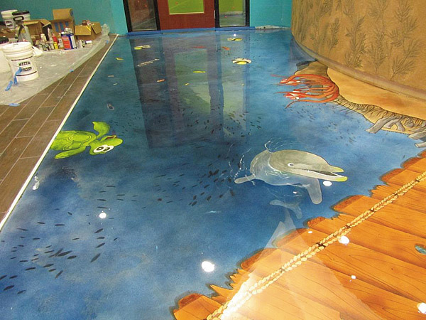 concrete floor painted like ocean scene