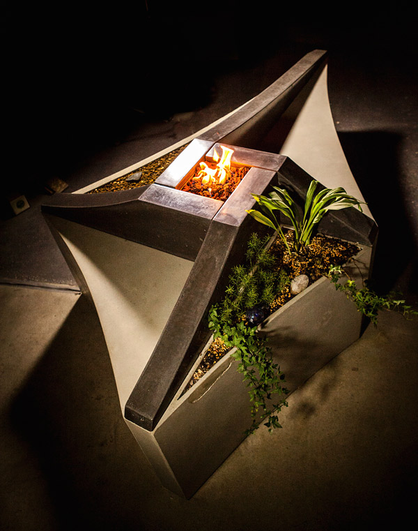 Concrete bench plants and fire feature