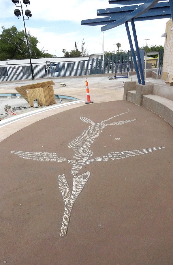LithoMosaics icthyosaur - LithoMosaics are custom-made decorative elements assembled off site and delivered ready to install. You can see the ichthyosaur, here and above right, at the recently opened Garside community water park in town.