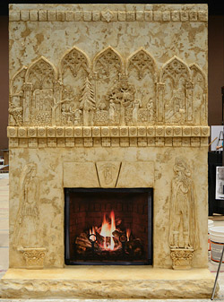 cast and carved concrete fireplace