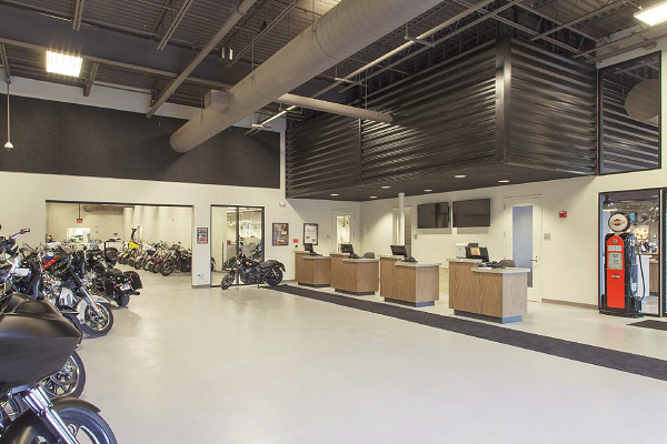 An epoxy flooring system was applied to 12,580 square feet of concrete in the dealerships service area.