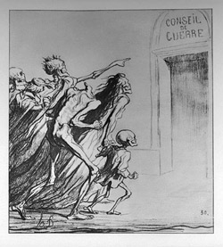 Pencil drawing of scary group of skeletons - The Witnesses, by Honore Daumier, from Modern Prints and Drawings by Paul J. Sachs, published in 1954 by Alfred A. Knopf 