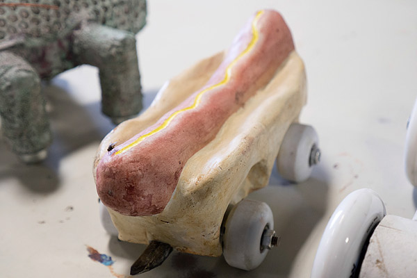 hotdog in a bun shaped concrete derby car