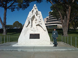 The original corpsmen sculpture stood out front of the Camp Pendleton hospital for 31 years. It could not survive the move to a new location.