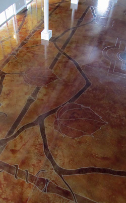 Vines and Flowers Pattern on Stained Concrete Floor