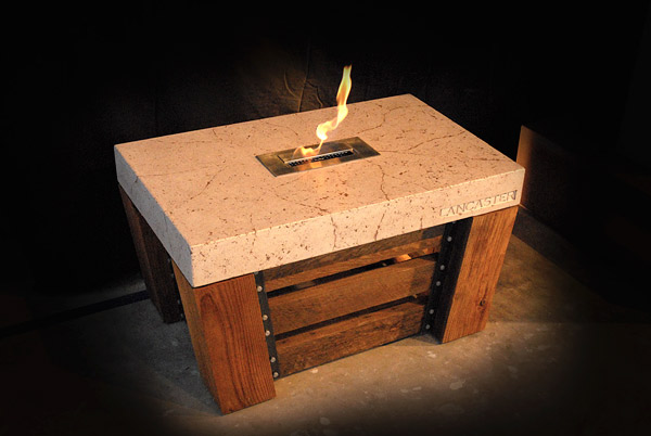 concrete fireplace with wood legs