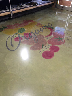 stained concrete floor with logo