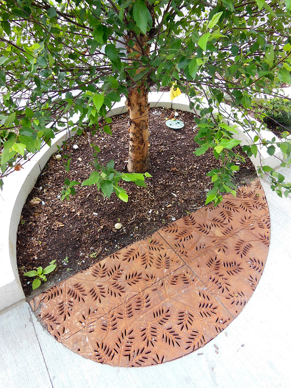 decorative outdoor drain covers in concrete partial tree grates from Iron Age complement surface pavers