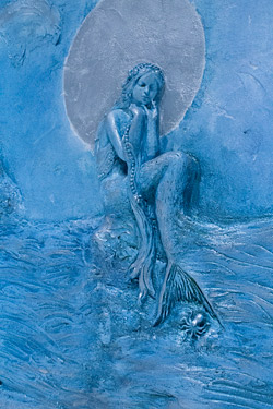 ocean scene featuring a mermaid, ship and full moon