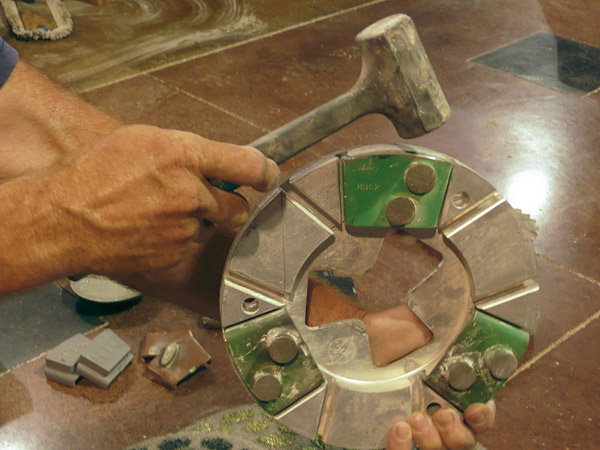 There are many different types of diamond tools, including backing plates that play a supportive role in the polishing process. Photo courtesy of Bob Harris, Structural Services Inc.