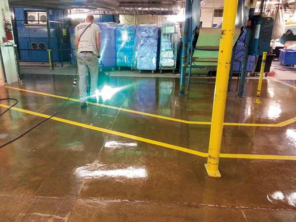 Although it looks highly polished, the floor in this laundry facility was taken up to a 100-grit finish and coated with a UV-cured coating.