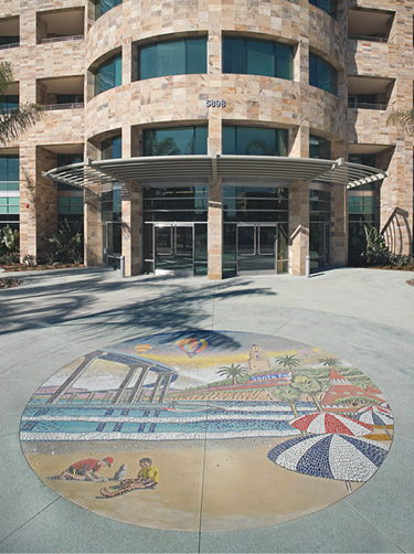 It features the San Diego landmarks of the Coronado Bay Bridge, Santa Fe Rail Station, San Diego Missions and Hotel Del Coronado. This mosaic was largely made with tiles from Cuernavaca, Mexico