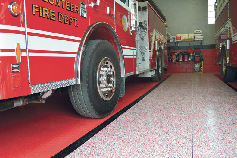 speckled white floor with red fire truck