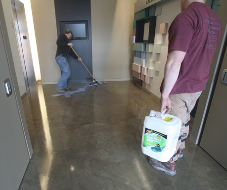 applying sealer on concrete floor Sealing interior spaces with solvent-based sealers requires special attention to removing odors and allowing enough time for the sealer to fully dry.  Photos courtesy of Chris Becker, Becker Architectural Concrete