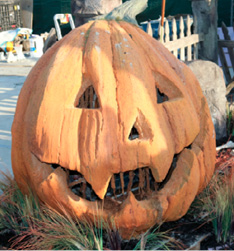 He used rebar and lath to create the monster tree and the ghoulish jack-o-lantern. He used Type-S mortar and cement as the scratch coat and structure coat, and KirtBag Carving Mix as the carve coat.