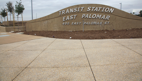Sign at the transit station in east Palomar has pervious concrete and 334 cubic yards of Lithocrete.