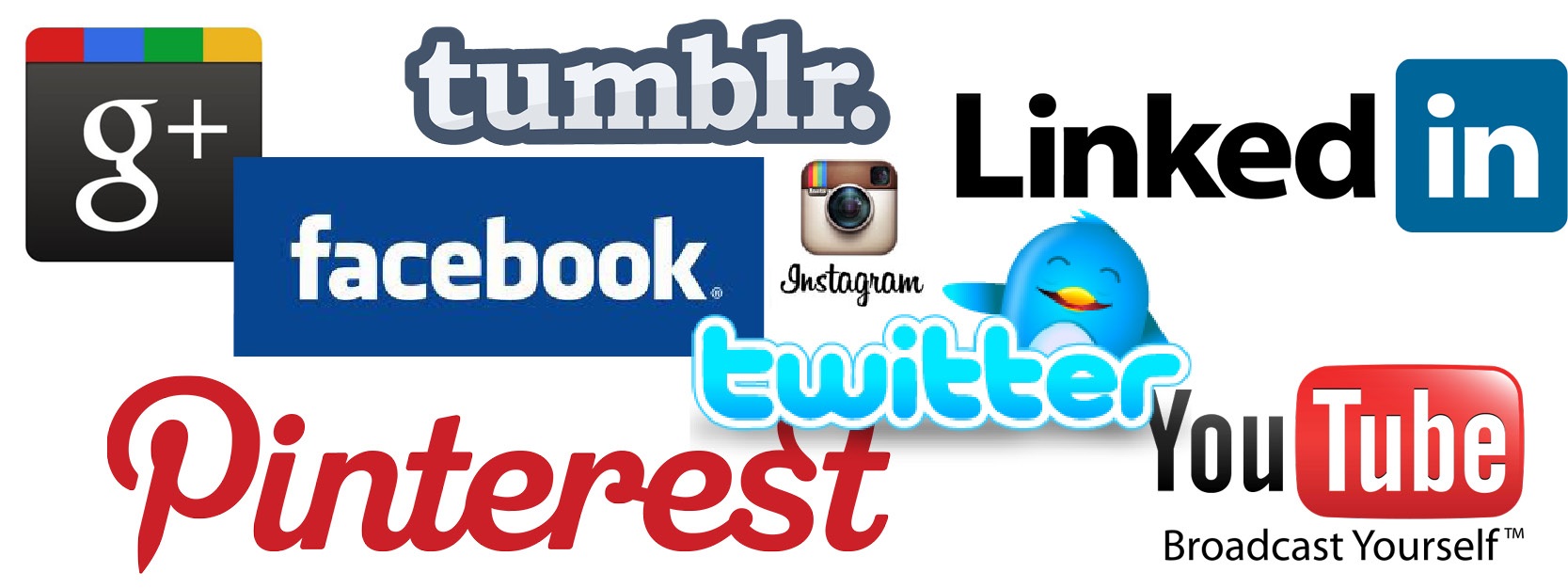 Cluster of social media logos, Google + Facebook, tumbler, instagram, twitter, linkedin, pinterest, youtube